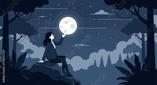 Woman Holding The Moon Amidst A Forest Night Landscape Silhouette Illustration