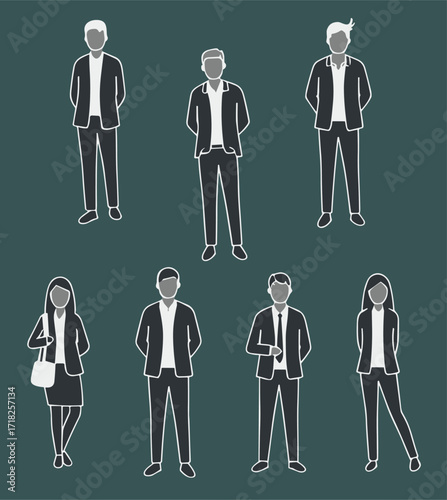 Business attire silhouettes, professional outfit icons, diverse workplace figures, white outline characters, vector design, dark green background, posture set