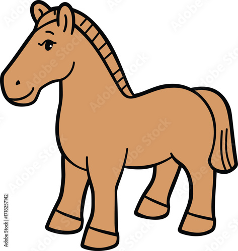 Cute cartoon brown horse, domestic farm animal pony illustration

