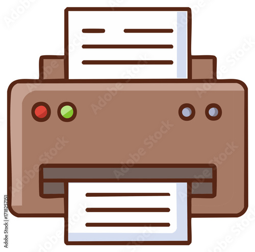 Cute brown cartoon printer icon with paper documents for office work
