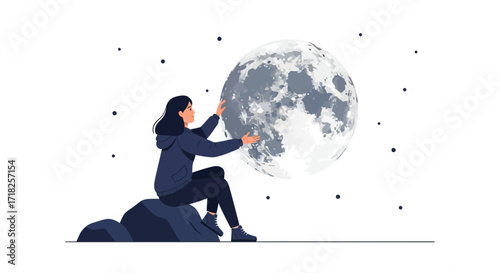 Woman Holding the Moon Illustration In A Night Sky With Stars Concept Design