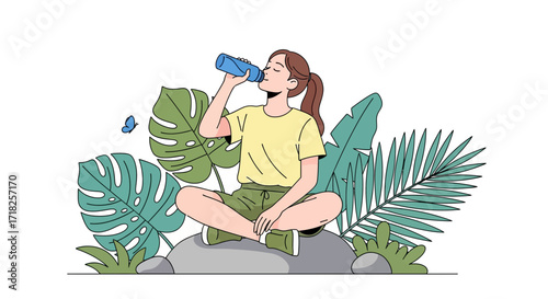 Woman Hydrating and Relaxing in a Peaceful Outdoor Setting During A Moment of Quiet
