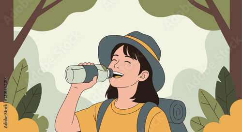 Woman Hydrating During Outdoor Forest Trekking With Backpack And Hat Smiling Joyfully