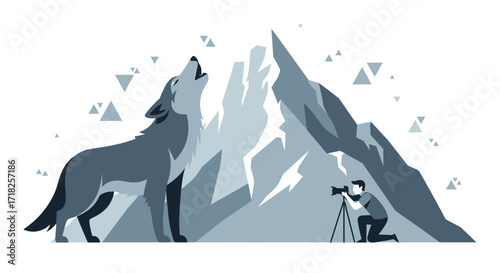 Wilderness Photography Depicts Wolf Howling at Majestic Mountain Peak Illustration