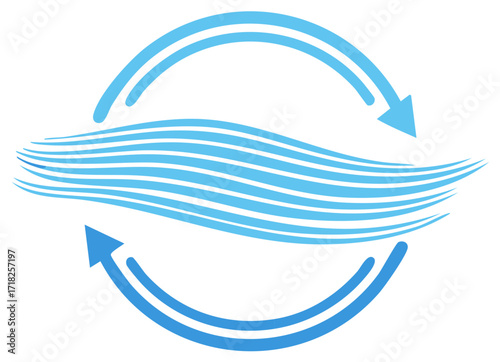 Air circulation and purification system icon with flowing lines and circular arrows