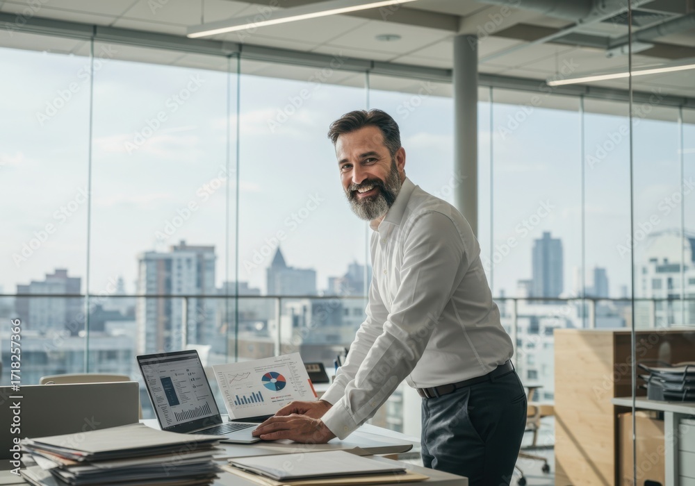Fototapeta premium Bearded businessman in a modern office setting reviewing documents at his desk with a cityscape visible through large windows