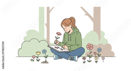 Woman In Nature Doodling Flowers In Her Sketchbook With A Relaxed Expression