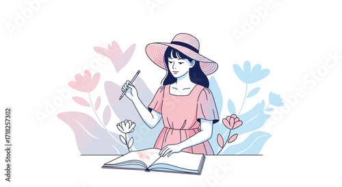 Woman In Pink Dress And Hat Sketching In A Journal Admiring The Surrounding Flowers Scene