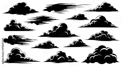 Collection of stylized cloud illustrations in various shapes and formations isolated