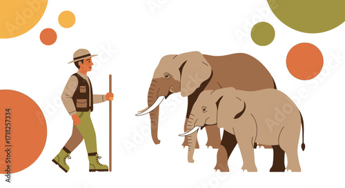Wildlife Conservationist Leading Two Elephants Across A Beautiful And Diverse Landscape