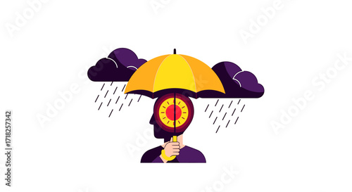 Person holding umbrella under rain clouds with sun in head protecting from negativity