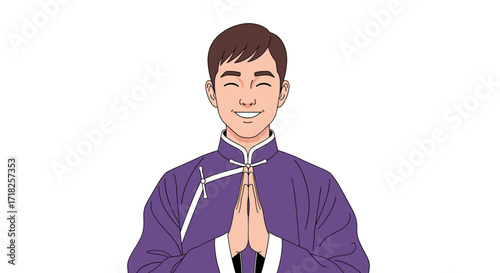 Man in purple traditional chinese clothing with hands clasped in greeting and a gentle smile on his face