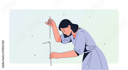 Woman Inspecting Two Straws With Contemplative Look And Soft Color Scheme