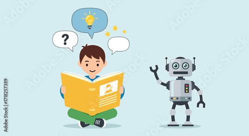 Cartoon of a boy reading a book with a robot and thought bubbles above his head illustration