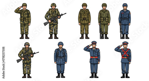 Illustrations of soldiers in various uniforms saluting and holding rifles in a row on white
