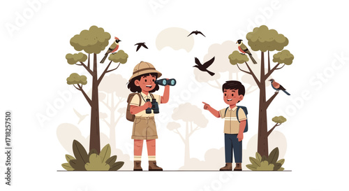 Wildlife Observation Adventure: Two Young Explorers Discovering The Natural World