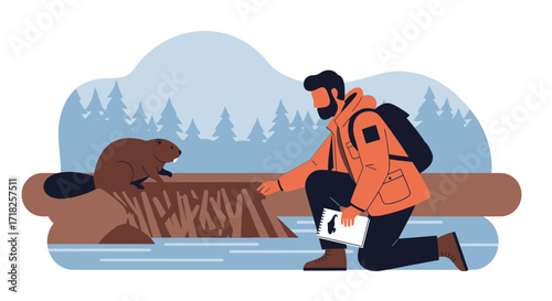 Wildlife Observation Illustration: Beaver Encounter With A Forest Explorer In A Nature Environment
