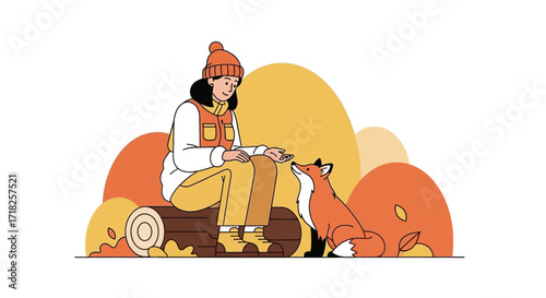 Woman Interacting With a Wild Fox Outdoors in an Autumnal Forest Setting Illustration