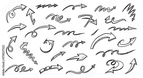 Collection of hand drawn arrows pointing in various directions with unique design elements shown