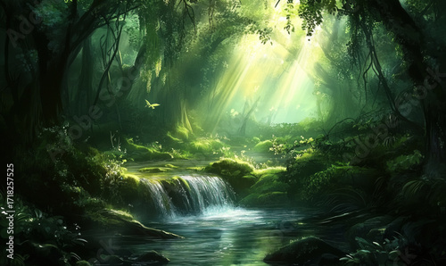 Enchanting forest scene with sunlight filtering through trees, serene stream flowing, lush greenery, vibrant flora, tranquil atmosphere, high quality image