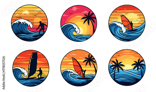 Assorted circular emblems depicting surfing, windsurfing, and tropical beach scenery at sunset