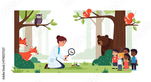 Wildlife Observation: Scientist Guides Children in a Forest Learning Adventure Scene