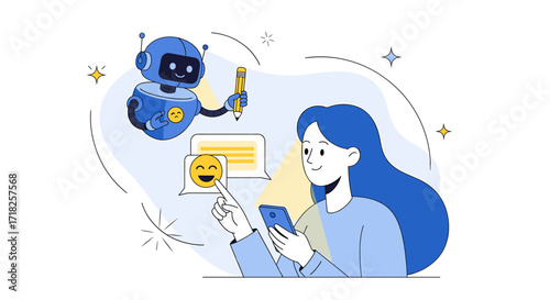 Woman interacting with a robot assistant via a smartphone and emoji messages displayed above her
