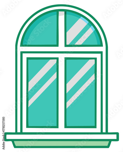 Simple arched window vector illustration with a green frame and glass panes