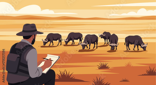 Wildlife Observer Documenting Herd Of African Buffalo In Their Natural Habitat