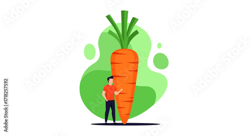 Man standing next to a giant carrot with green leafy top against a green abstract shape design