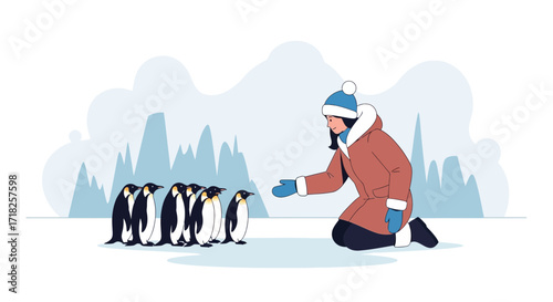 Woman Interacting With Emperor Penguins In An Antarctic Habitat Scene