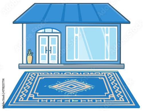 Blue storefront with potted plant, double doors, large window, and fancy rug illustration