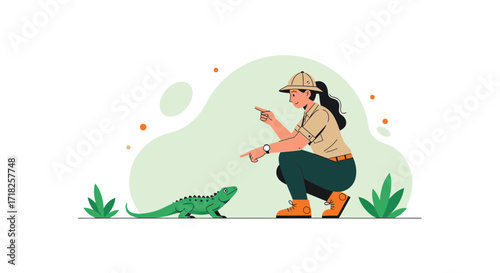 Woman Interacting With Lizard Illustration Depicting Wildlife Education and Conservation