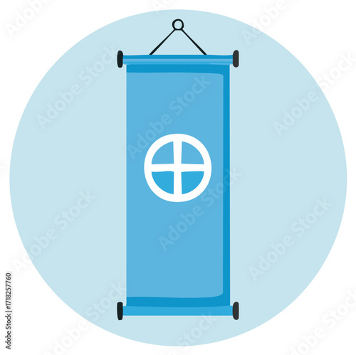 Vector Illustration of Hanging Banner with Circle and Cross Symbol on Blue Background