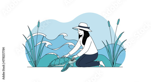 Woman Interacting With Sea Turtle During Day, Gentle Symbiosis in Marine Environment