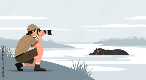 Wildlife Photographer Capturing An Eye-Level Hippopotamus In Its Natural Habitat