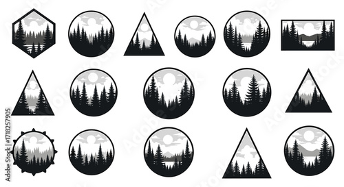 Assorted forest and lake scenes within geometric shapes in a monochrome vector illustration