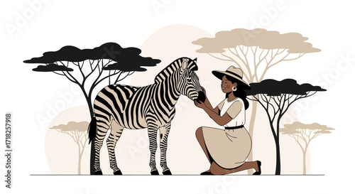 Woman interacting with zebra in the savanna landscape during a safari adventure