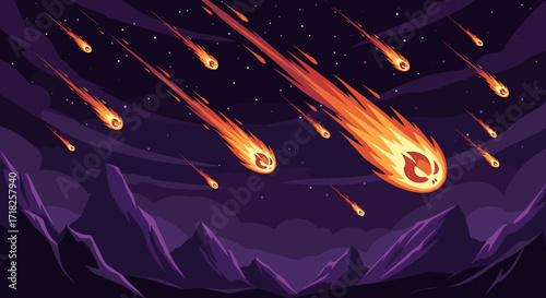 Illustration of numerous fiery comets streaking across a starry sky above purple mountains vista
