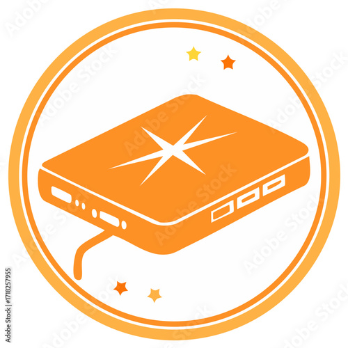 Stylized orange power bank with stars indicating charging within a circular design