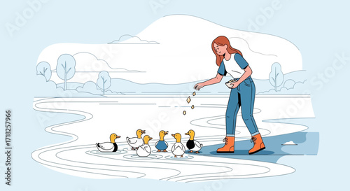 Woman Is Feeding Ducks In A Serene Lakeside Setting With Nature And Wildlife