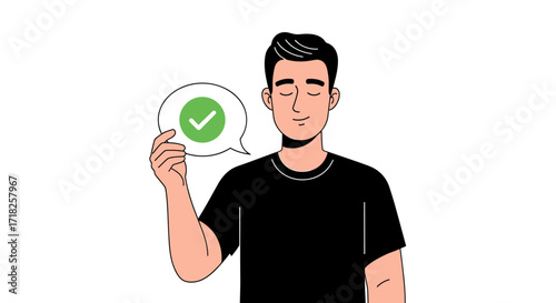 Man holding speech bubble with check mark expressing approval and positive feedback illustration