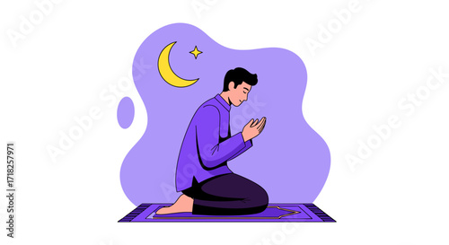 Man kneeling in prayer with moon and star above on a prayer rug in a purple illustration