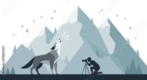 Wildlife Photography Of Howling Wolf And Mountain Range Silhouette Illustration Concept