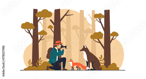 Wildlife Photography Scene: An Enthusiast Captures Foxes Amidst a Verdant Forest Backdrop