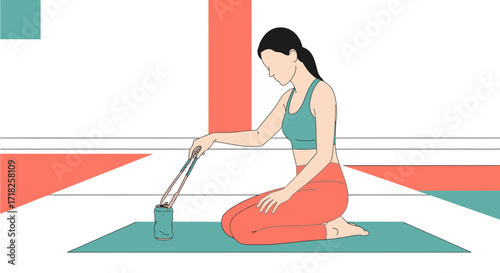 Woman Kneeling and Grasping Object with Tongs on Turquoise Mat in a Studio