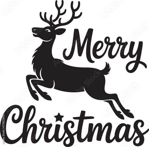 A black reindeer leaping with merry christmas text and star shapes on a white background design image