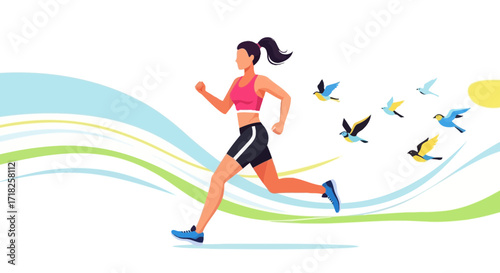 Woman Joyfully Runs, Symbolizing Freedom and Energy with Flowing Birds