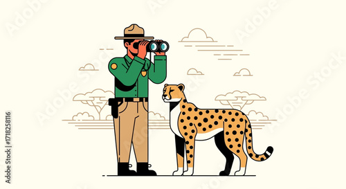 Wildlife Warden Observing Cheetah Using Binoculars Amidst Savannah Landscape