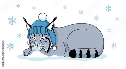 Winter Lynx Wearing Beanie Catches A Falling Snowflake During A Snowfall